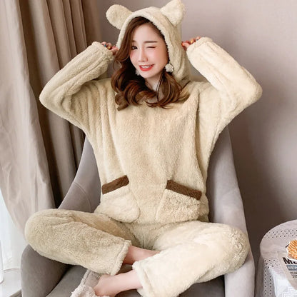 Autumn Winter Thickened Warm Women Loungewear Suit Cartoon Plush Hooded Bear Sleepwear Ladies Flannel Homewear Nightwear Set