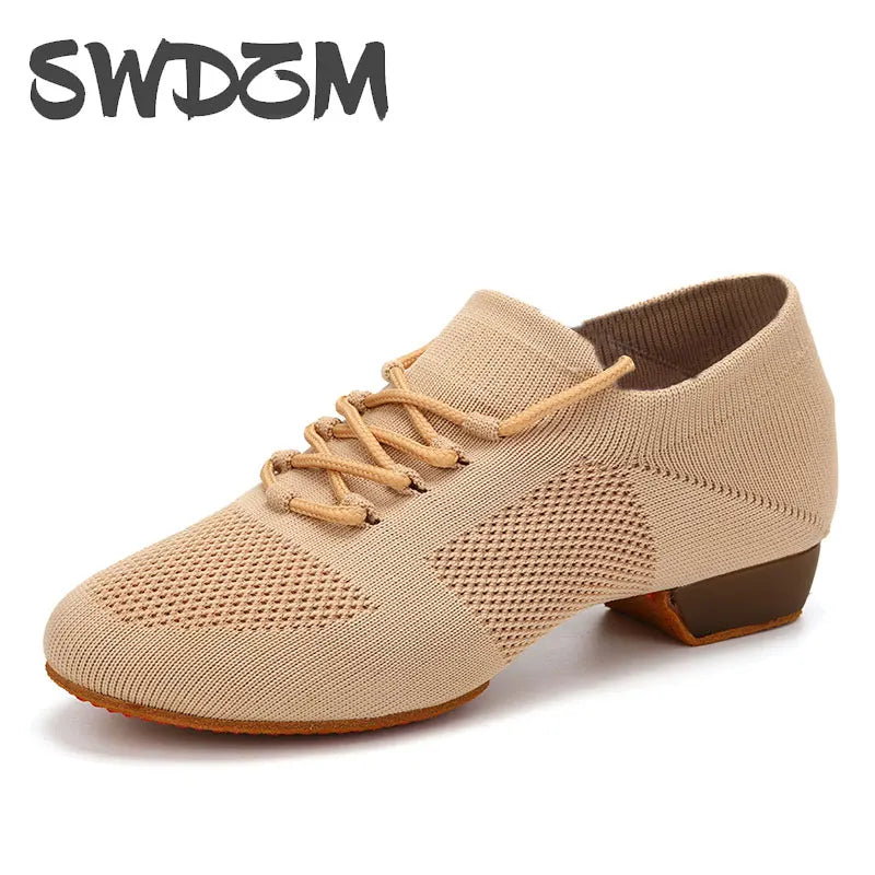 Sapatilhas de Dança para Mulheres, Sapatos de Professor em Malha, Sola Macia, Salto Baixo, Sapatilhas de Treino de Dança Latina, Sapatilhas de Dança de Ballet, Sapatilhas de Salão de Jazz para Meninas