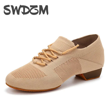 Sapatilhas de Dança para Mulheres, Sapatos de Professor em Malha, Sola Macia, Salto Baixo, Sapatilhas de Treino de Dança Latina, Sapatilhas de Dança de Ballet, Sapatilhas de Salão de Jazz para Meninas