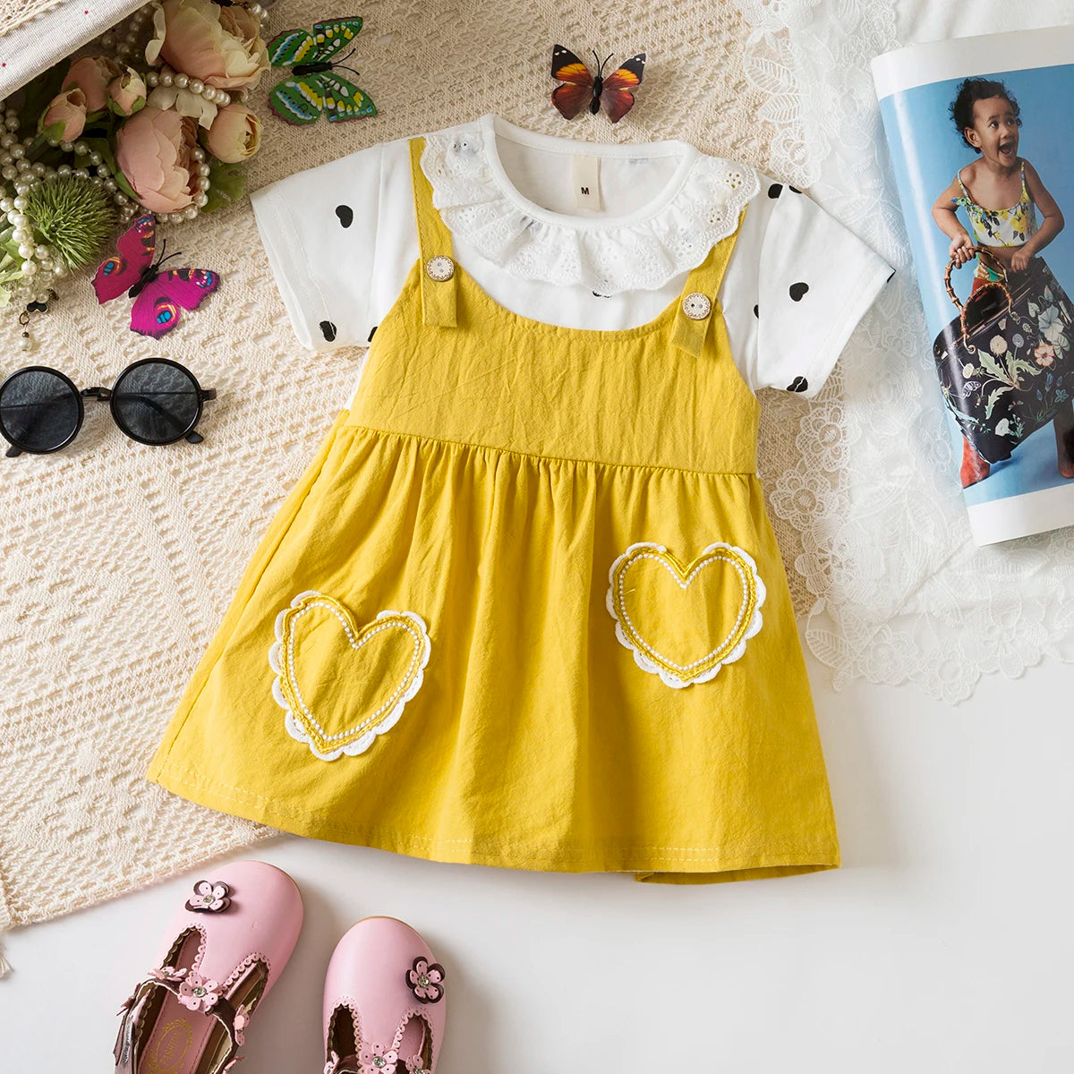 Vestido de Bebé Menina de Verão Amor e Padrão de Bolinhas Gola de Boneca Vestidos de Bebé Fofos Casuais de Princesa para Menina