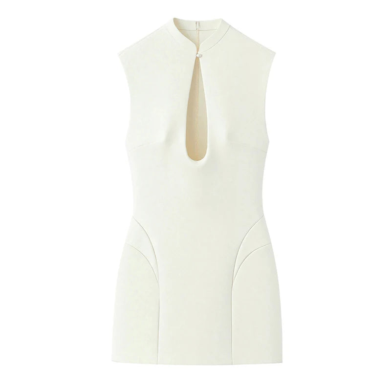 Vestido Elegante Fino de Mulher Gola Alta Oco Sem Mangas com Cintura Marcada Mini Vestidos Femininos 2026 Primavera Verão Robe
