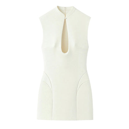 Vestido Elegante Fino de Mulher Gola Alta Oco Sem Mangas com Cintura Marcada Mini Vestidos Femininos 2026 Primavera Verão Robe