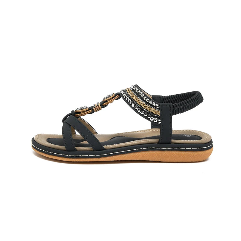 Women's Sandals Bohemian elegant sweet Stretch Sneakers Beaded Soft Bottom Anti Slip soft sole vacation Tourist Beach Flat Shoes