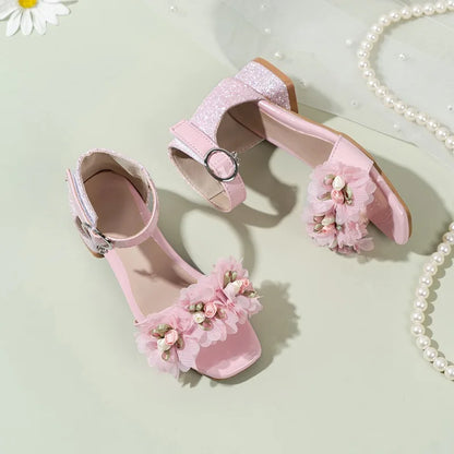 2026 Sandálias Elegantes de Verão para Crianças Novas Lantejoulas Meninas Sapatos de Passarela para Festa de Casamento Moda Flor Crianças Princesa Salto Alto