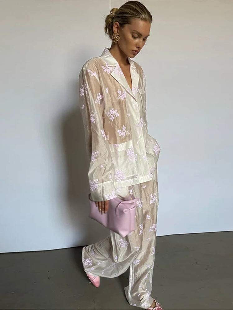 Conjunto de Calças e Top Estampado Sensual Mulheres Manga Comprida Gola, Transparente, Casaco de Botões, Calças Largas, Conjuntos Femininos Verão 2026, Fatos de Senhora