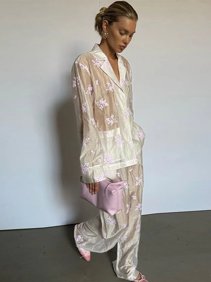 Conjunto de Calças e Top Estampado Sensual Mulheres Manga Comprida Gola, Transparente, Casaco de Botões, Calças Largas, Conjuntos Femininos Verão 2026, Fatos de Senhora