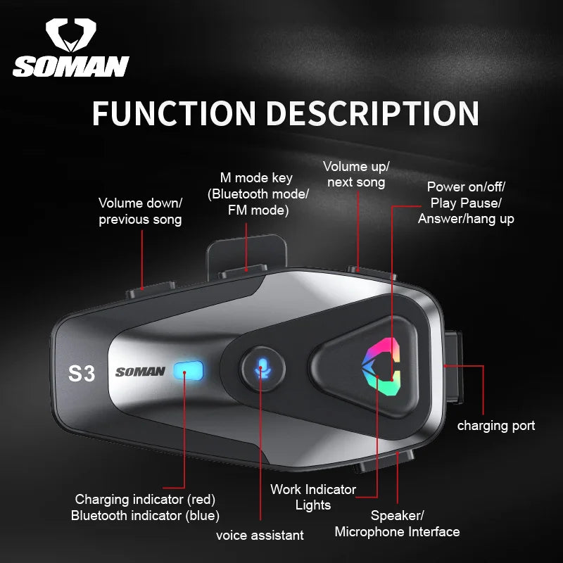 Soman Motorcycle Helmet Headset Bluetooth 5.3 Wireless IPX6 Waterproof Support Connecting 2 Phones Same Time Headphone cascos