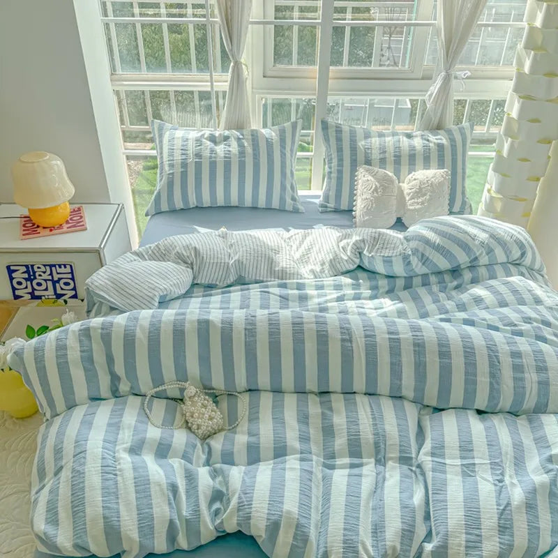 Lightweight Hotel Luxury Duvet Cover 4Pcs Blue White Vertical Stripes Ultra Soft Breathable Comforter Cover Bed Sheet Pillowcase