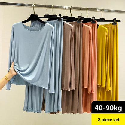 Modal Thin Long Sleeved T-Shirt Set for Women in Spring and Autumn Pajamas Plus Loose Base Shirt Solid Color Sleepwear Homewear
