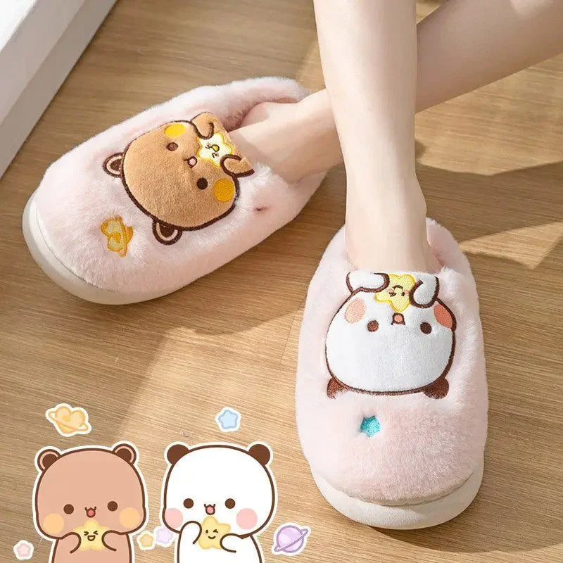 Anime Bubu Dudu Urso Chinelos Desenhos Animados Inverno Lazer Casa Exterior Antiderrapante Fundo Grosso Algodão Lazer Pelúcia Sapatos Mulheres Aniversário