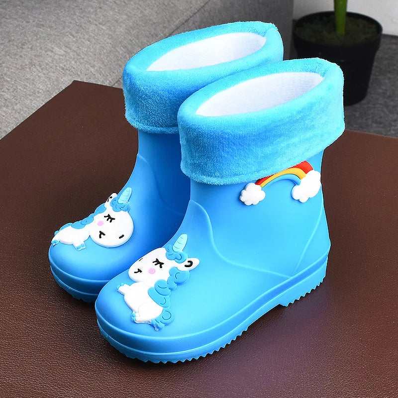 Botas de Chuva para Crianças Meninas Galochas Meninos PVC Quente Crianças Sapatos Impermeáveis Modis Desenho Animado Unicórnio Capa de algodão removível