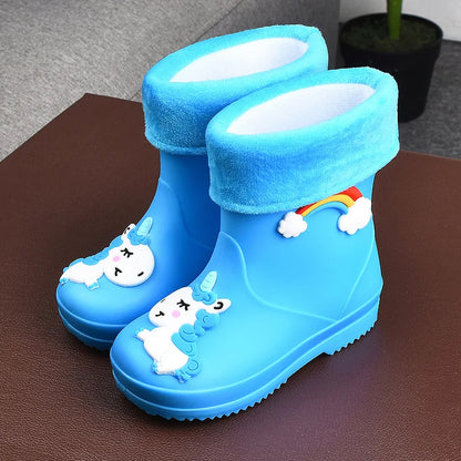 Botas de Chuva para Crianças Meninas Galochas Meninos PVC Quente Crianças Sapatos Impermeáveis Modis Desenho Animado Unicórnio Capa de algodão removível