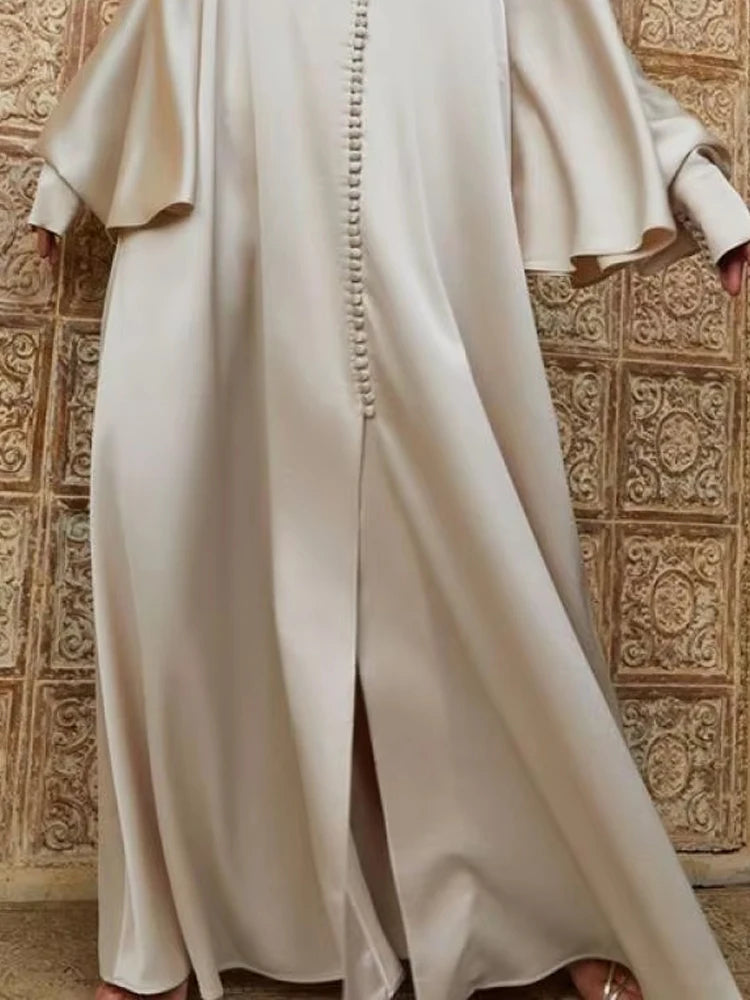Vestido de Noite Comprido Mulher Muçulmana de Cor Sólida Gola Redonda Manga Comprida Asa de Morcego Solta com Abertura até ao Chão