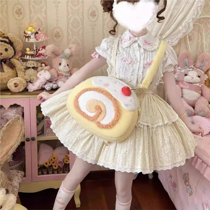 Mochilas Mulher Y2K Roll Cake Mochila Feminina Bolsas de Ombro Kawaii Para Mulher Peluche Macio Grande Capacidade Mochilas Fofas Estéticas