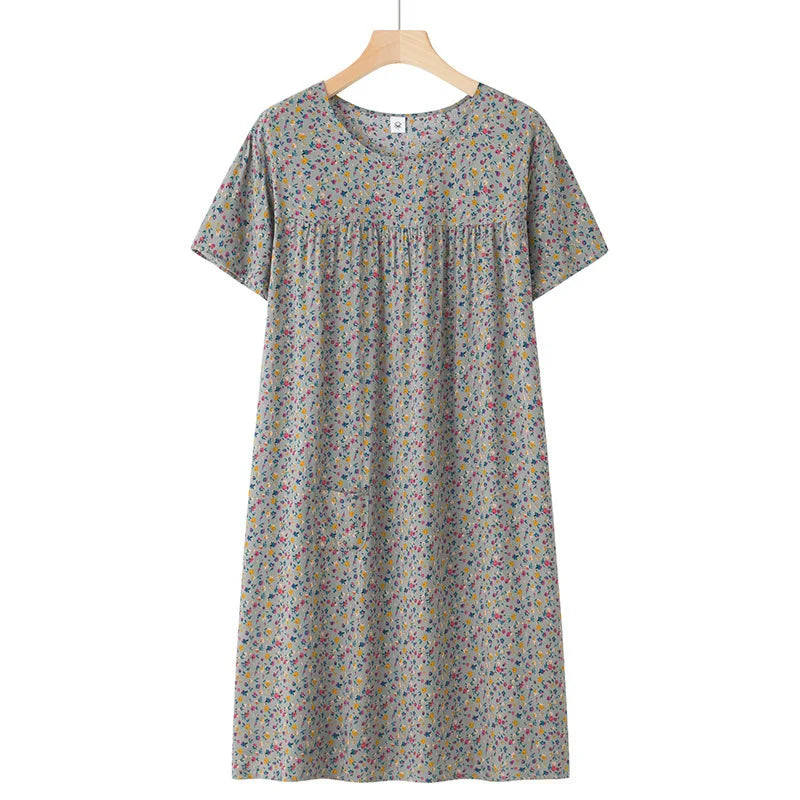 Middle-Aged and Elderly Short Sleeve Nightdresses Women Pajamas Summer Thin Loose Dresses Printed Ladies Sleepwear Homewear