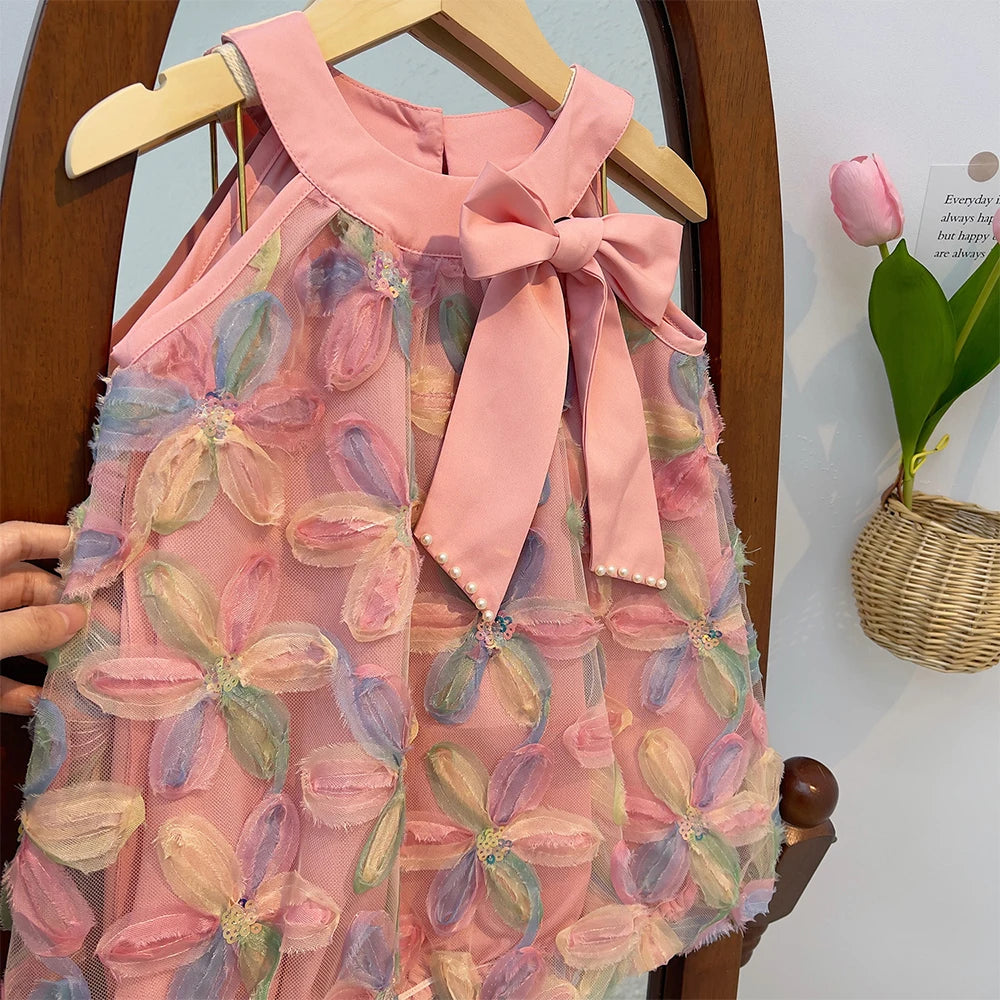 Vestido de Ursa Líder para Menina 2025 Verão Novo Vestido de Menina Vestido de Princesa Vestido de Fio com Flores Coloridas para Criança Roupa Infantil