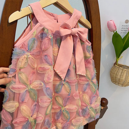Vestido de Ursa Líder para Menina 2025 Verão Novo Vestido de Menina Vestido de Princesa Vestido de Fio com Flores Coloridas para Criança Roupa Infantil