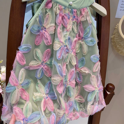 Vestido de Ursa Líder para Menina 2025 Verão Novo Vestido de Menina Vestido de Princesa Vestido de Fio com Flores Coloridas para Criança Roupa Infantil
