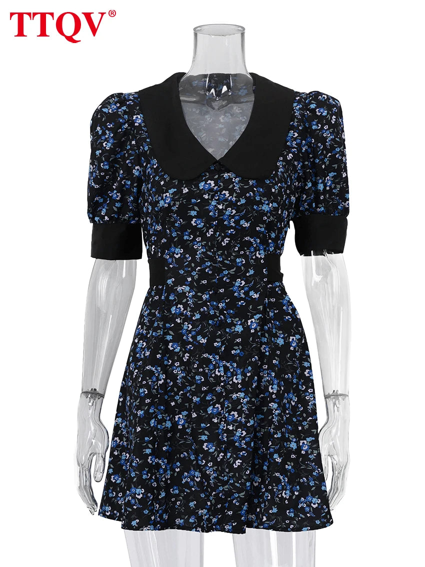 TTQV Moda Solta Impressão Vestido Feminino 2026 Verão Gola Curta Manga Mini Vestidos Senhora Elegante Clássico Cintura Alta Vestido Feminino