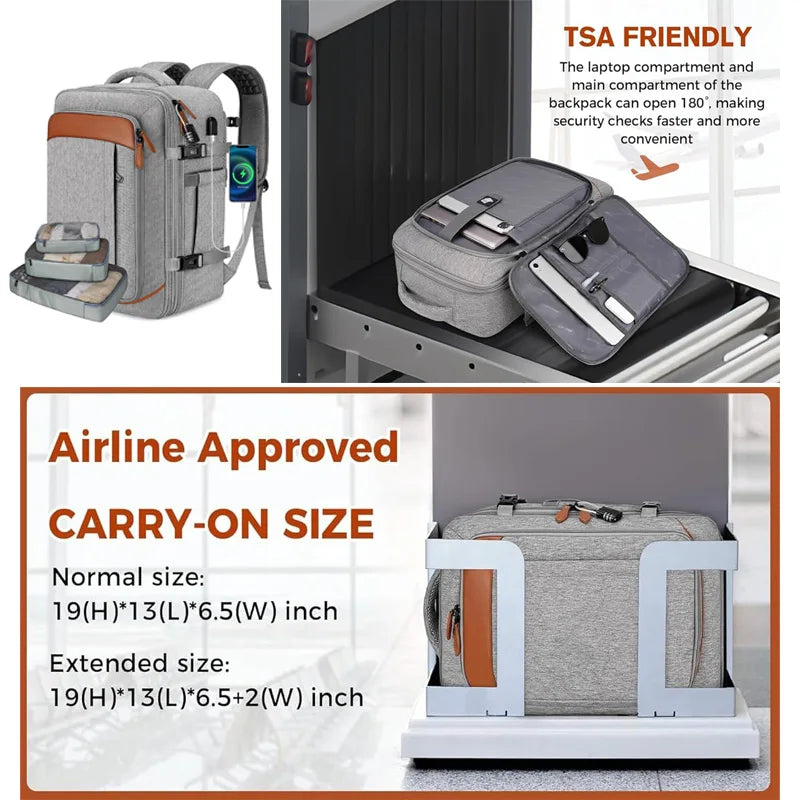 Mochila de viagem com porta de carregamento USB, vários sacos organizadores e compartimento para sapatos, mochila de bagagem de gr