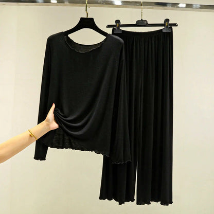 Modal Thin Long Sleeved T-Shirt Set for Women in Spring and Autumn Pajamas Plus Loose Base Shirt Solid Color Sleepwear Homewear