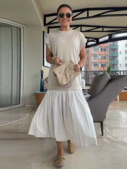 Women Dress Crew Neck Cap Sleeve Color Blocking Midi Dress Loose Fit Pleated Hem Casual Summer Streetwear Office Outfit Dresses