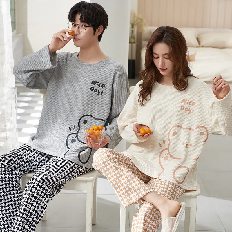 New Long Sleeve Sleepwear Couple Men Women Matching Home Clothes Cotton Cartoon Leisure Nightwear Pajamas Set Lover Loungewear