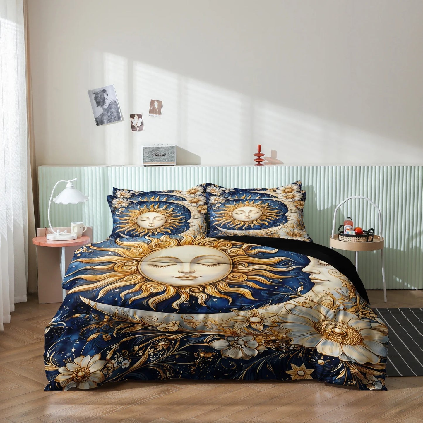 3pcs Duvet Cover Set (1 Duvet Cover + 2 Pillowcases), Featuring High-Definition Printed Golden Sun, And Planets Home Or Dorm Use