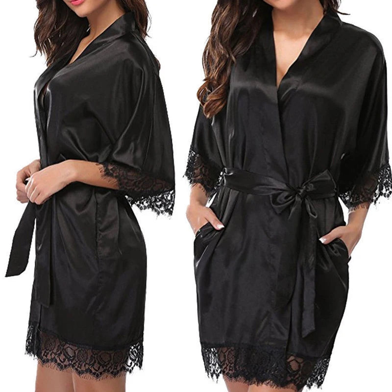 Women's Elegant Smooth Robe Short Dressingwith Lace Trim & Waist Belt Home Loungewear Sleepwear Nightwear Black Red.