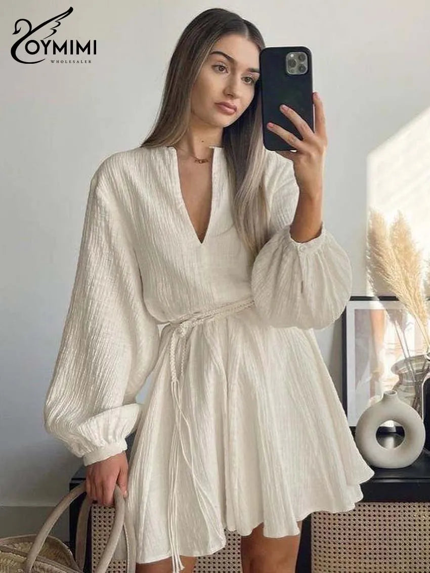 Oymimi Vestidos de Algodão Bege Elegantes para Mulher Moda Gola V Manga Comprida Vestidos com Atacadores Vestido Mini Plissado Casual Roupa de Rua