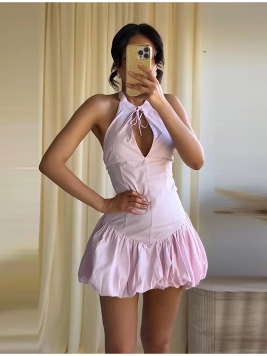 Pink Chic Halter Mini Dress Lady Backless Off-shoulder Hollow Out Lace Up Pleated Bubble Vestidos Women Party Club Dresses