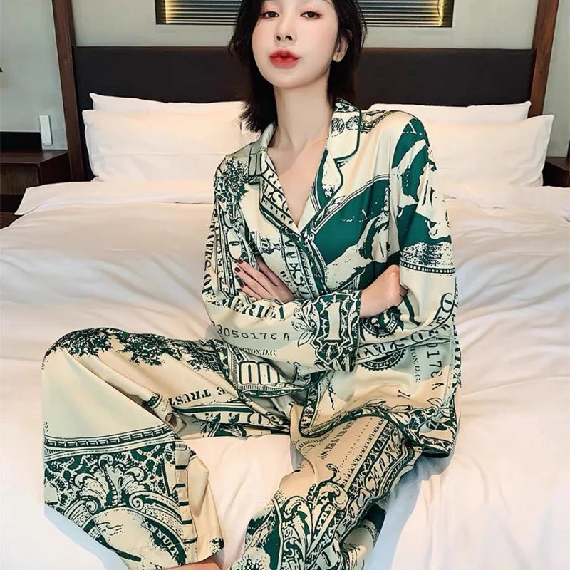 Women Sets Autumn and Winter Cardigan Lapel Home Wear Two-Piece Eu Wind Big Yards Ladies Pajamas Comfortable Sleepwear Nightwear