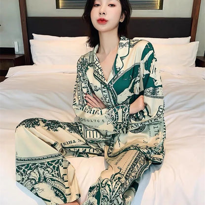 Women Sets Autumn and Winter Cardigan Lapel Home Wear Two-Piece Eu Wind Big Yards Ladies Pajamas Comfortable Sleepwear Nightwear