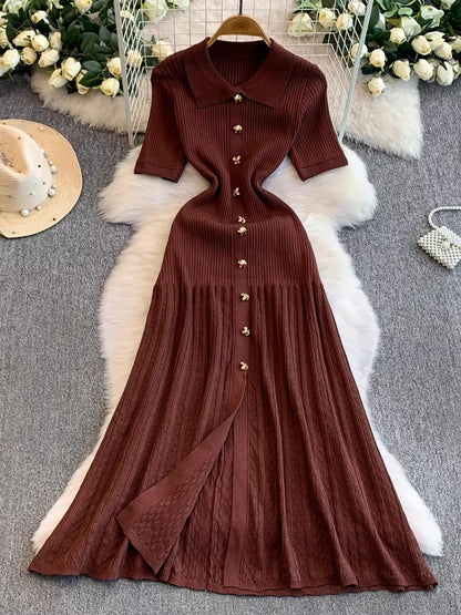 2025 Vestidos de Mulher Linha A Vazados Vestidos Femininos de Malha Vintage Robe Femme Cintura Alta Verão Coreano Vestido de Peitilho Único
