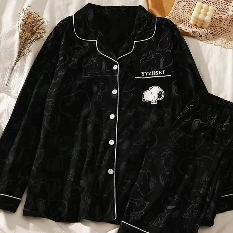 Snoopy Cartoon Spring Autumn Pajamas Long Sleeve Pants Summer Milk Silk Warm Home Clothes sleepwear Men's Women's Nightgown Gift