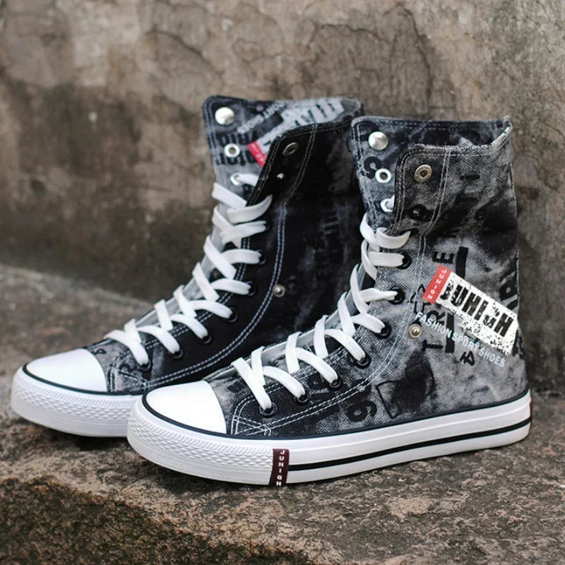 Men Canvas Shoes High-top Flats Lace-up Men Shoes Print Denim Shoes for Male Breathable Casual Shoe Cowboy Boots Tenis Masculino