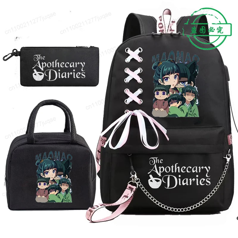 Mochila Escolar Mochila de Estudante Adolescente Bolsa Escolar Os Diários da Boticária Maomao Anime com Lancheiras Portáteis 3 Peças