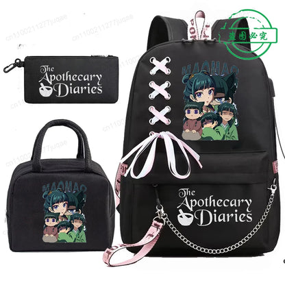 Mochila Escolar Mochila de Estudante Adolescente Bolsa Escolar Os Diários da Boticária Maomao Anime com Lancheiras Portáteis 3 Peças