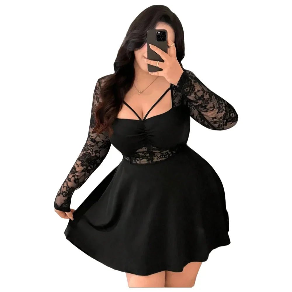 Plus Size Womens Dress Lace Long Sleeve Ruched Dress Lace Mini Dress Fit Casual Chic Apparel Dresses Spring Summer Daily Dress