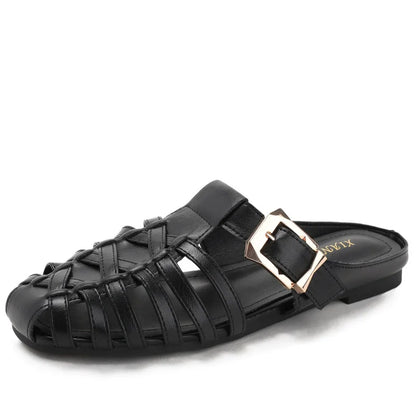 sandalias de mujer Summer mules Flats Sandals New Handmade Woven Breathable Flat Slippers Casual   Leather Women's Slip-on Shoes