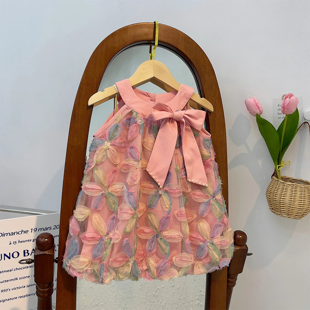 Vestido de Ursa Líder para Menina 2025 Verão Novo Vestido de Menina Vestido de Princesa Vestido de Fio com Flores Coloridas para Criança Roupa Infantil