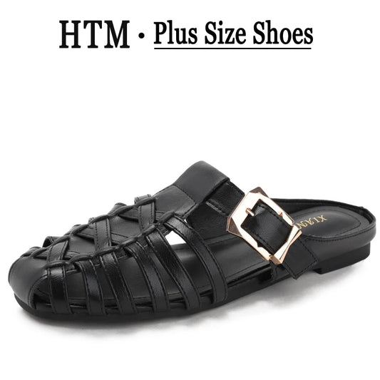 sandalias de mujer Summer mules Flats Sandals New Handmade Woven Breathable Flat Slippers Casual   Leather Women's Slip-on Shoes