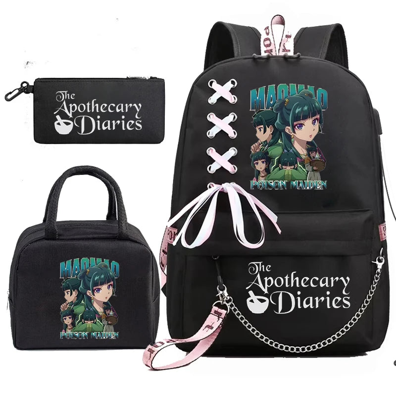 Mochila Escolar Mochila de Estudante Adolescente Bolsa Escolar Os Diários da Boticária Maomao Anime com Lancheiras Portáteis 3 Peças