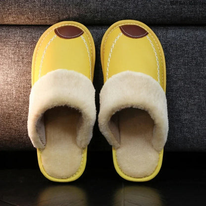 Men Slippers Black New Winter PU Leather Slippers Warm Indoor Slipper Waterproof Home House Shoes Men Warm Leather Slippers