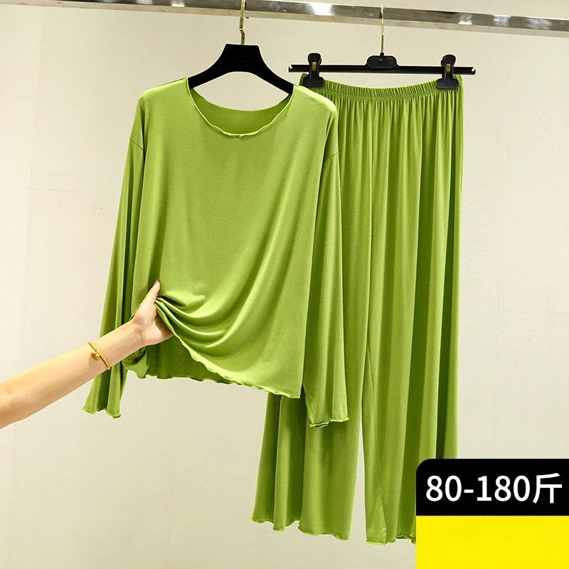 Modal Thin Long Sleeved T-Shirt Set for Women in Spring and Autumn Pajamas Plus Loose Base Shirt Solid Color Sleepwear Homewear