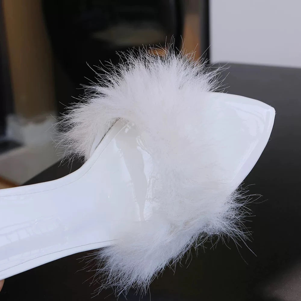 Chinelos de Mulher Rosa Fluffy Flufft 12cm Salto Alto de Pelo Festa Noite Aniversário Sandálias Sexy Bico Fino Sapatos Slingback para Senhoras