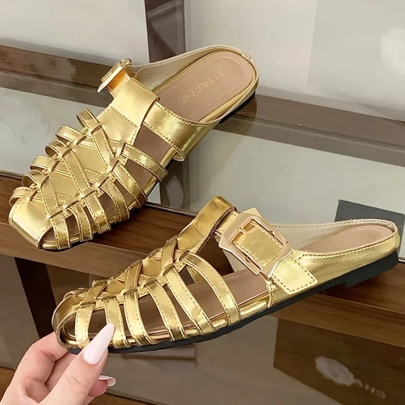 sandalias de mujer Summer mules Flats Sandals New Handmade Woven Breathable Flat Slippers Casual   Leather Women's Slip-on Shoes