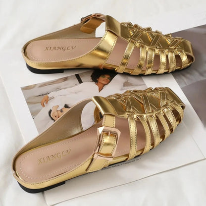 sandalias de mujer Summer mules Flats Sandals New Handmade Woven Breathable Flat Slippers Casual   Leather Women's Slip-on Shoes