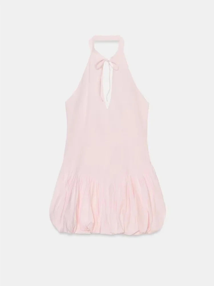 Vestido Mini Halter Chique Rosa Costas Descobertas Sem Ombros Vazado com Renda Franzido Bolha Vestidos Femininos para Festas e Clubes
