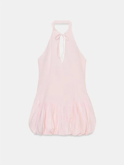 Vestido Mini Halter Chique Rosa Costas Descobertas Sem Ombros Vazado com Renda Franzido Bolha Vestidos Femininos para Festas e Clubes
